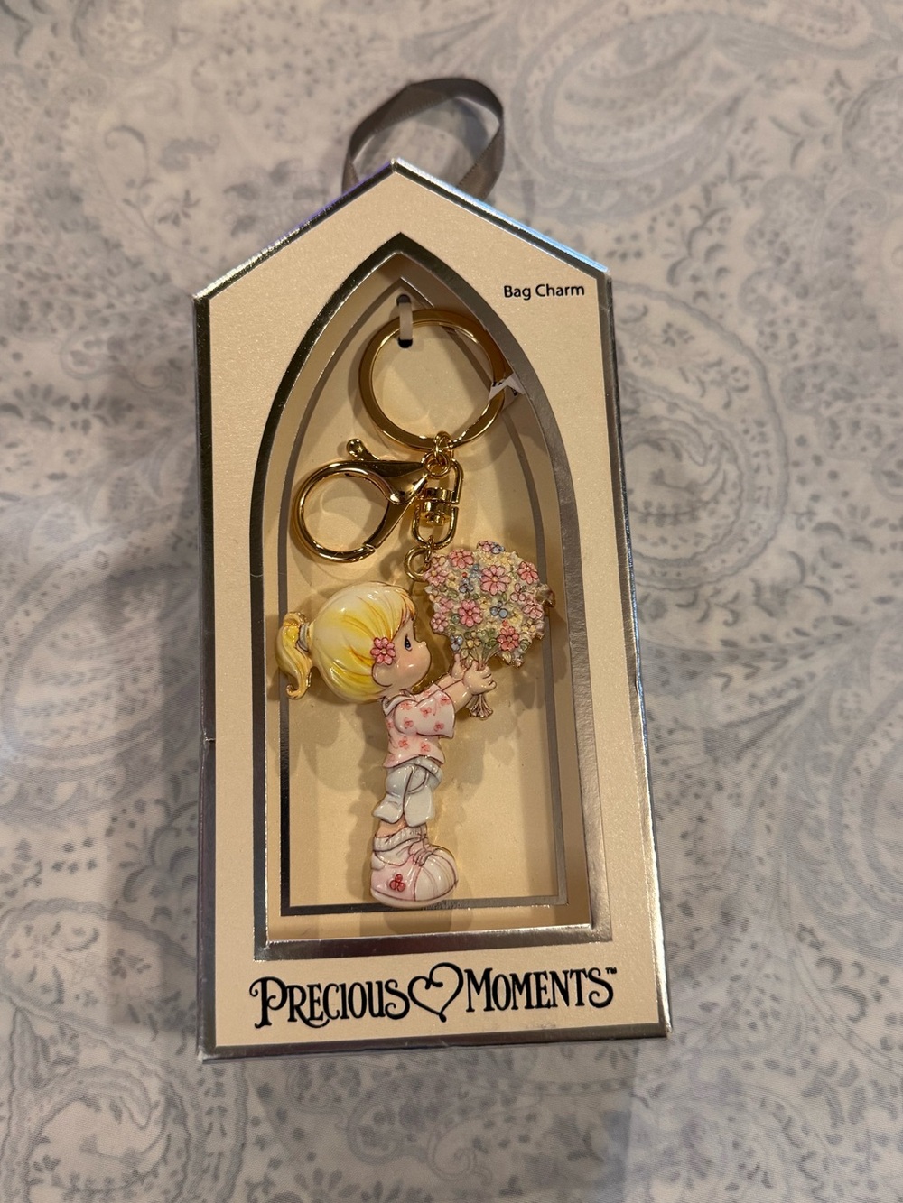 Precious Moments Gold and Pink Girl Bouquet Keychain Bag Charm